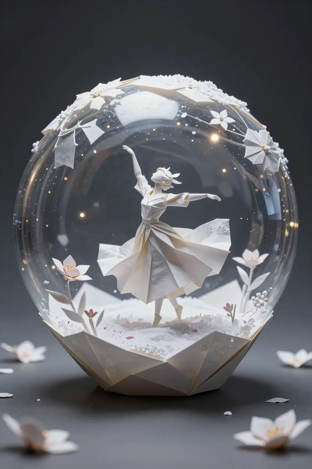 Origami-Papierszene in einer Glaskugel im Schnee