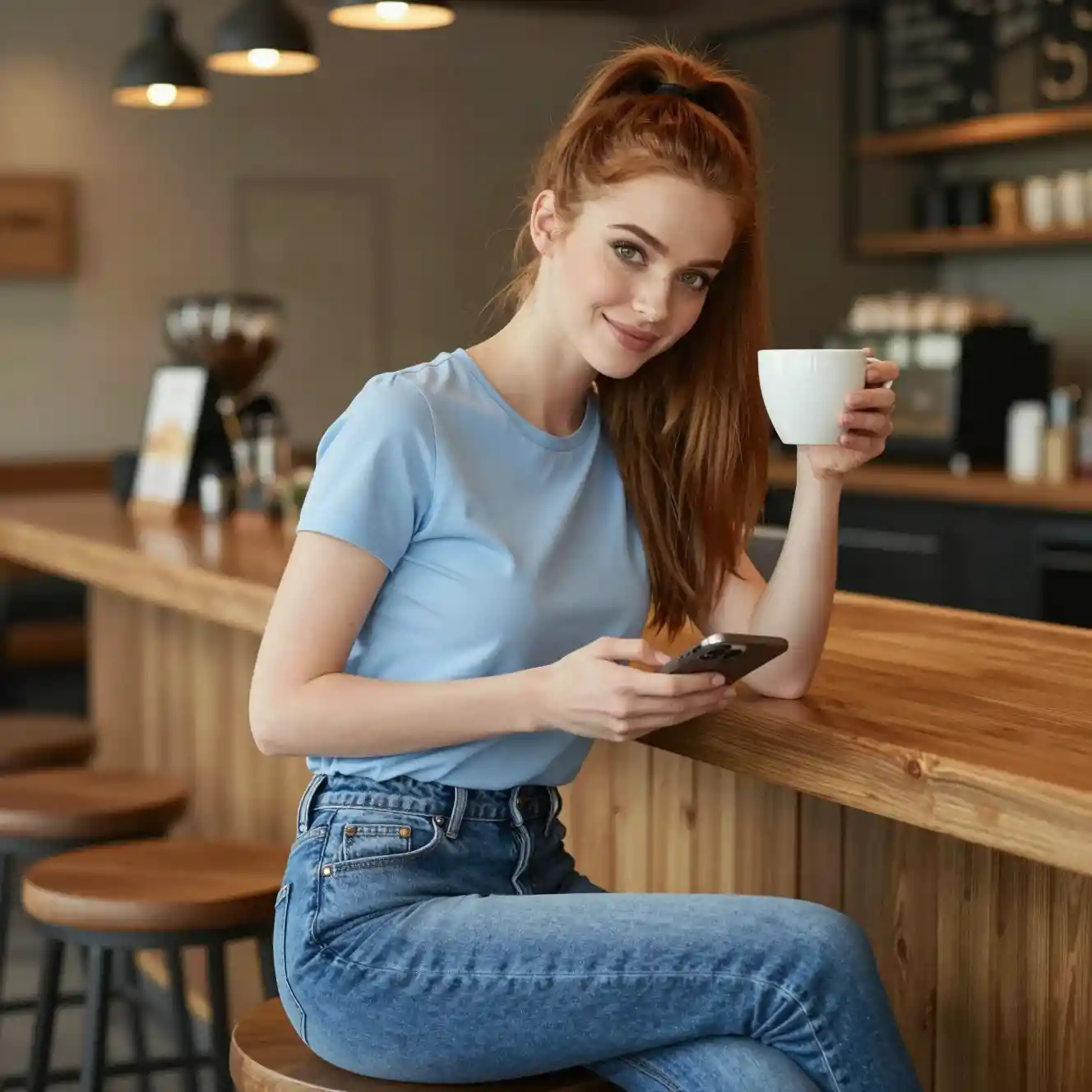 Young woman enjoying coffee at cozy cafe bar counter