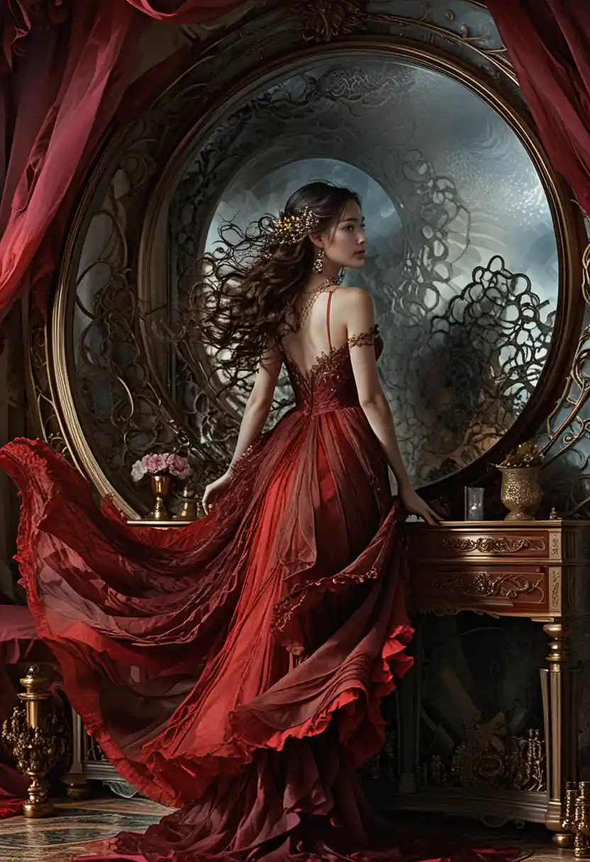 Woman In Red Dress Emerging From A Mirror Table