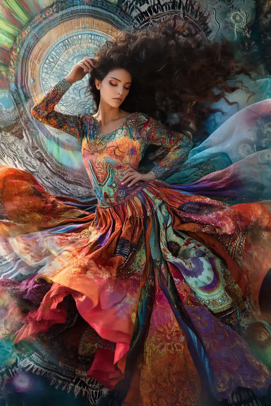 Mystical enchantress crossing into a vivid fantasy realm