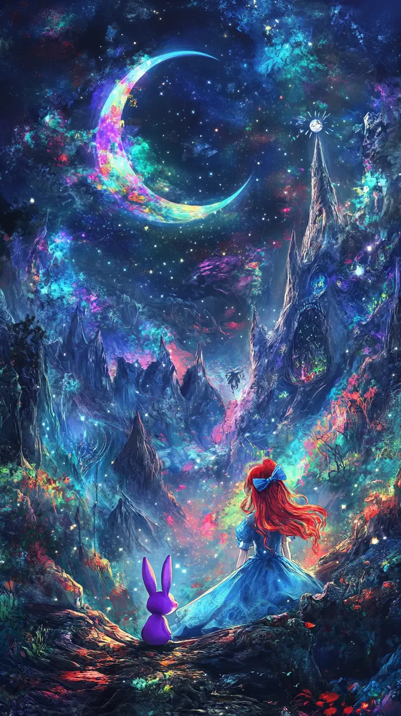 Whimsical woman and purple rabbit in a dreamy sky