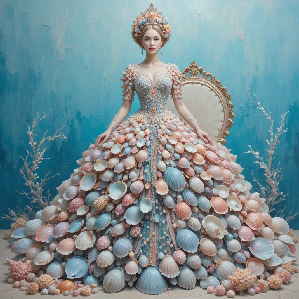 Seashell queen on a clam throne in impasto abstract style