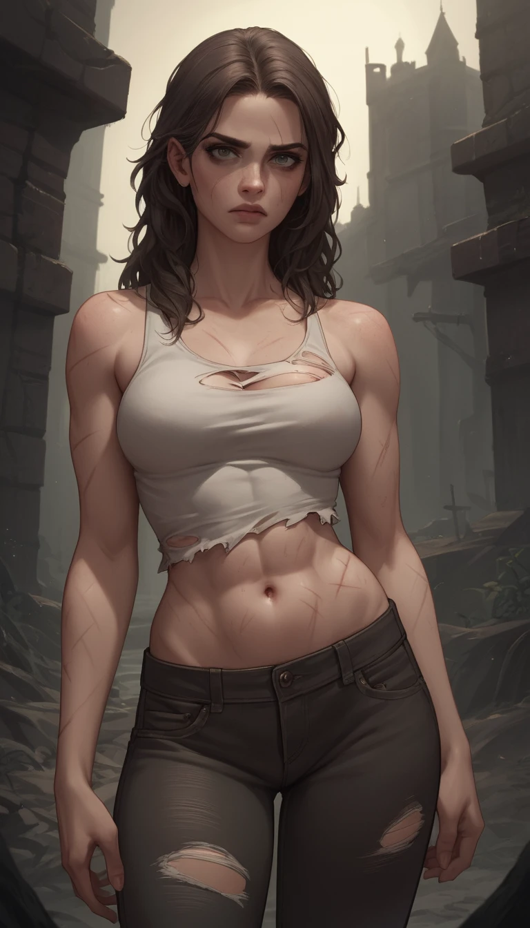 Scarred woman in torn clothes standing in a dark dungeon