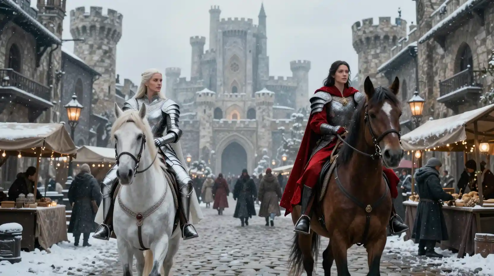 Two warrior women riding through snowy medieval city street