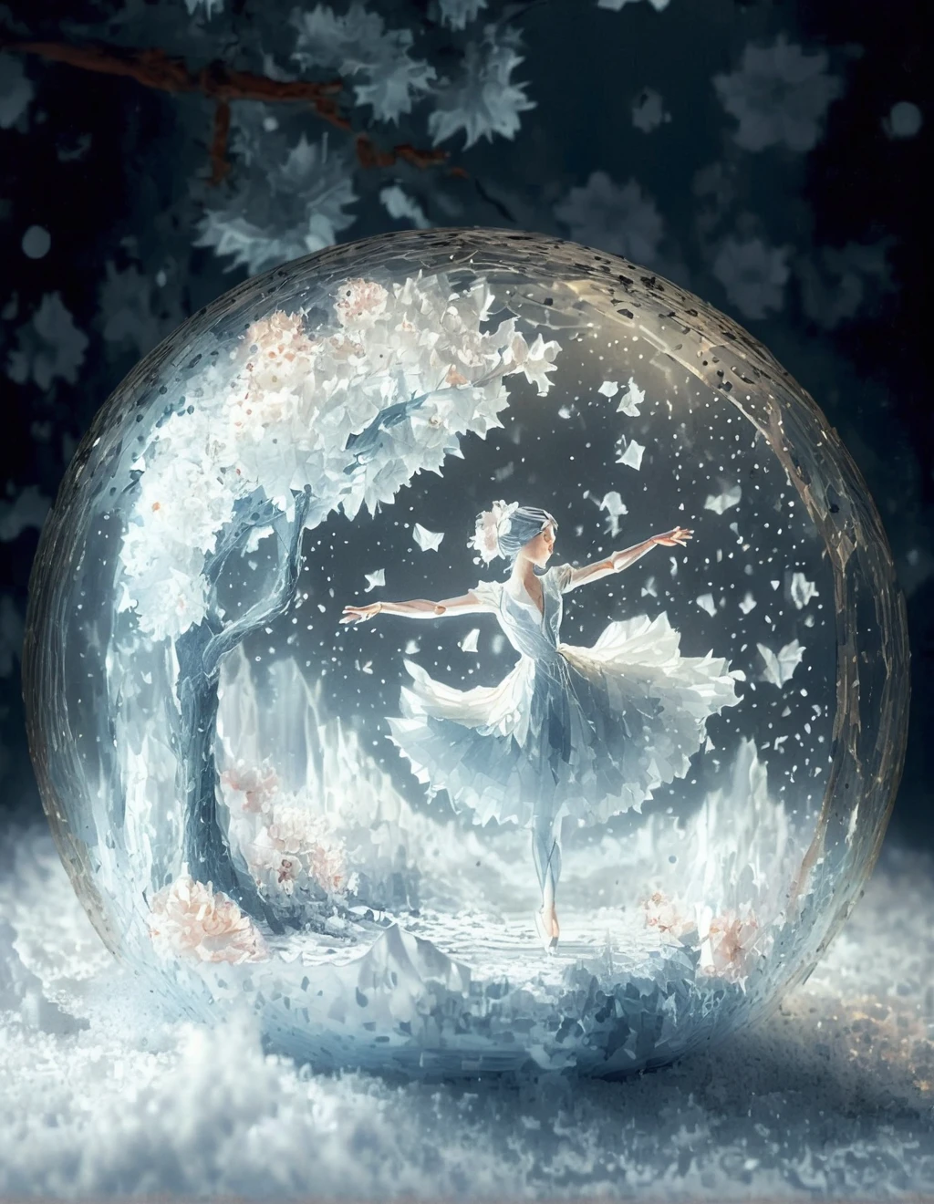 Origami scene inside a glass sphere resting in winter snow