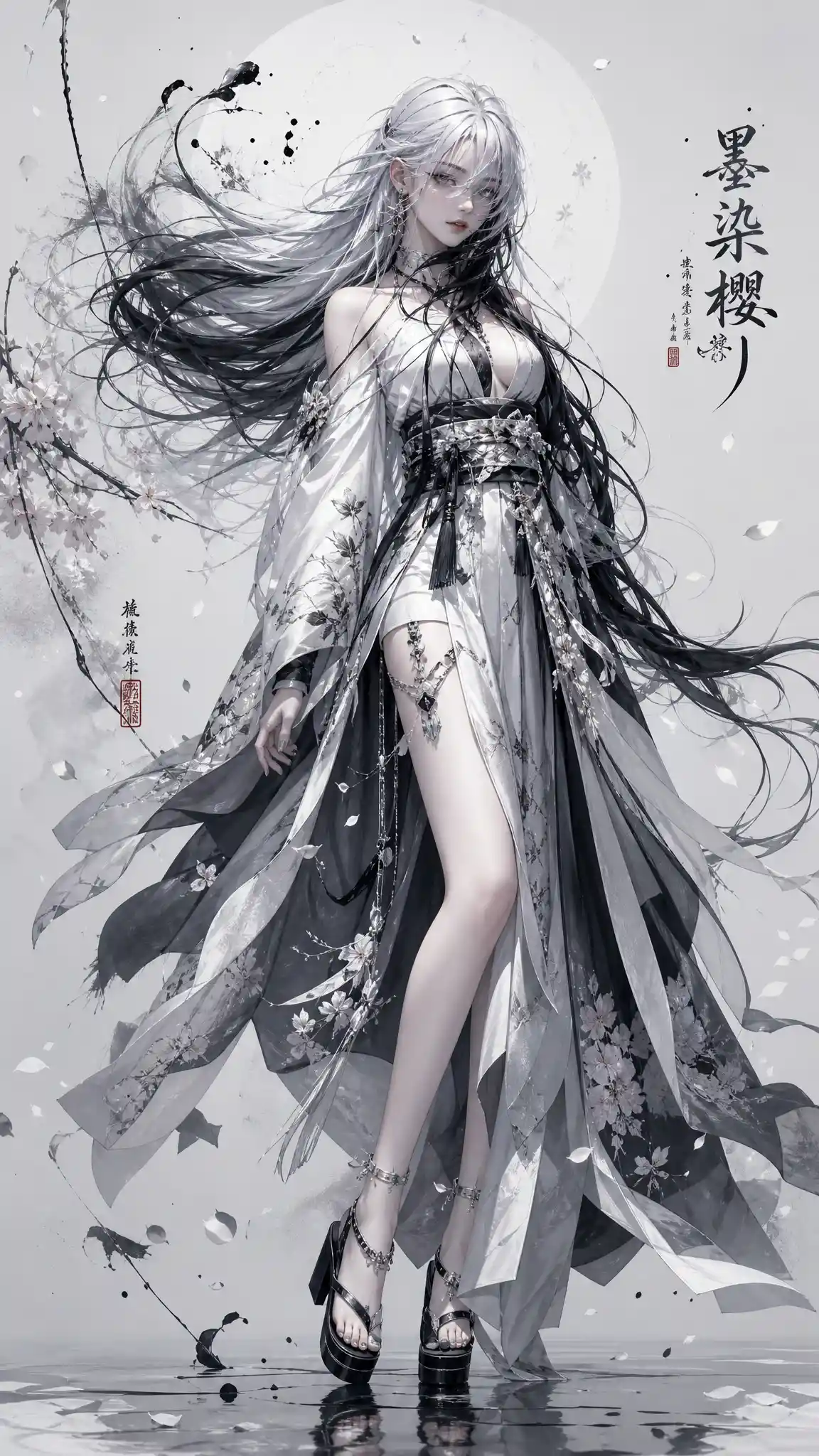 Ethereal anime woman with silver hair and misty eyes