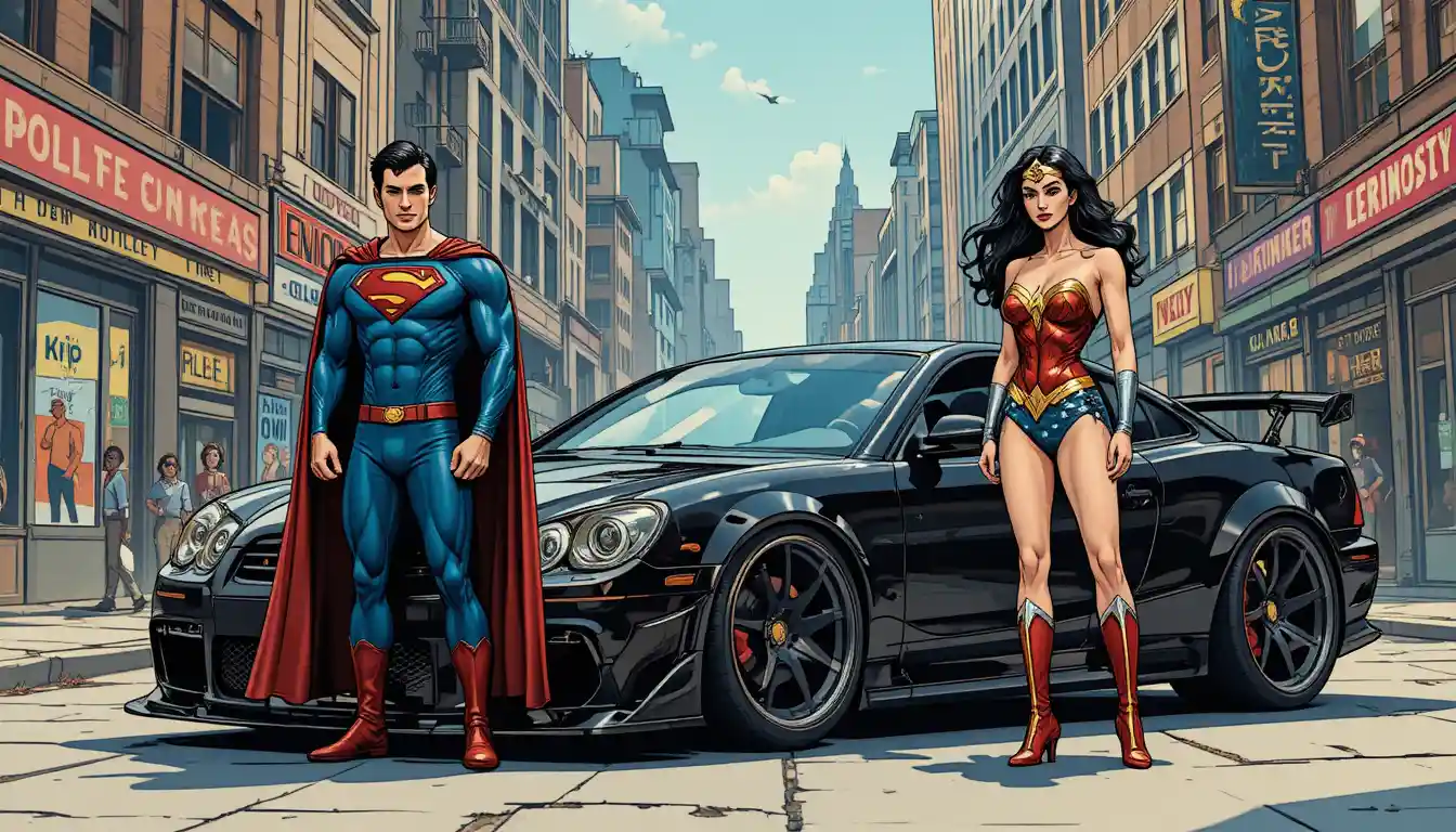 Superhero trio in West Coast rapper outfits in city streets