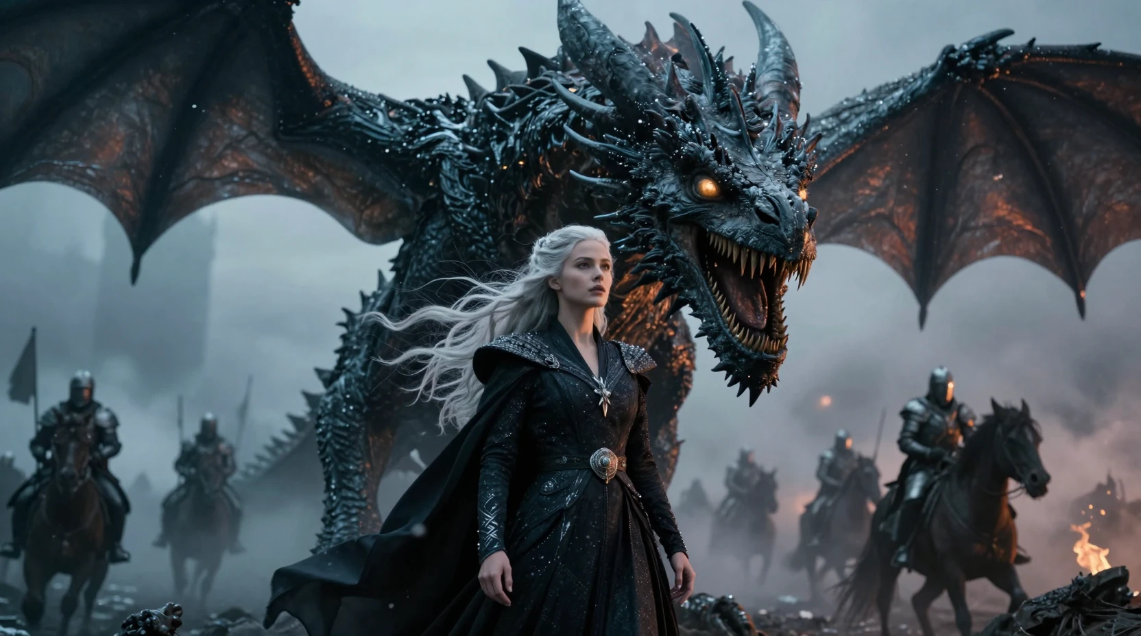Rainha de cabelos prateados diante de um dragão negro colossal