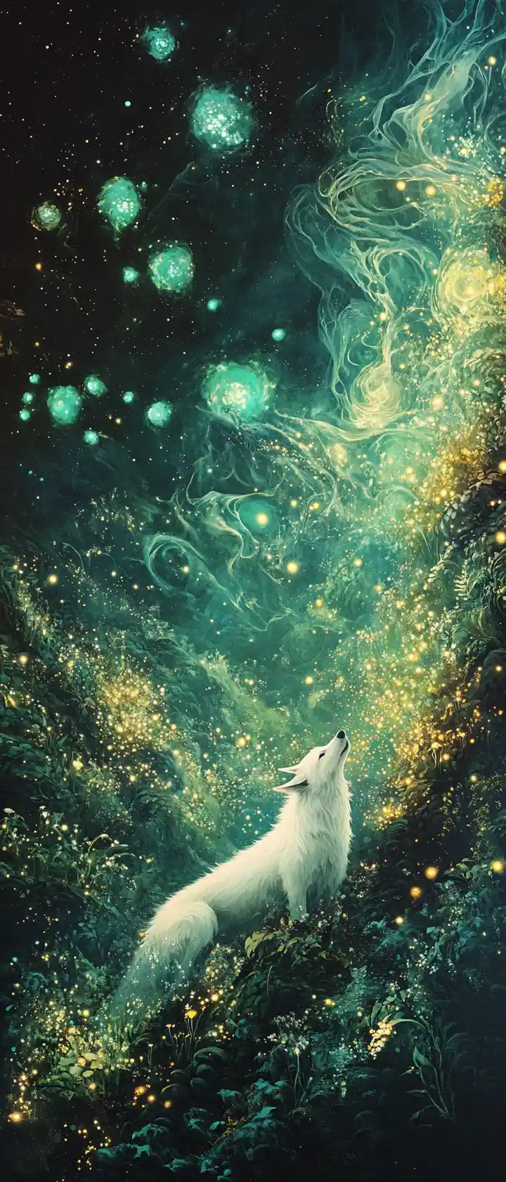 White wolf in a glowing bioluminescent fantasy valley