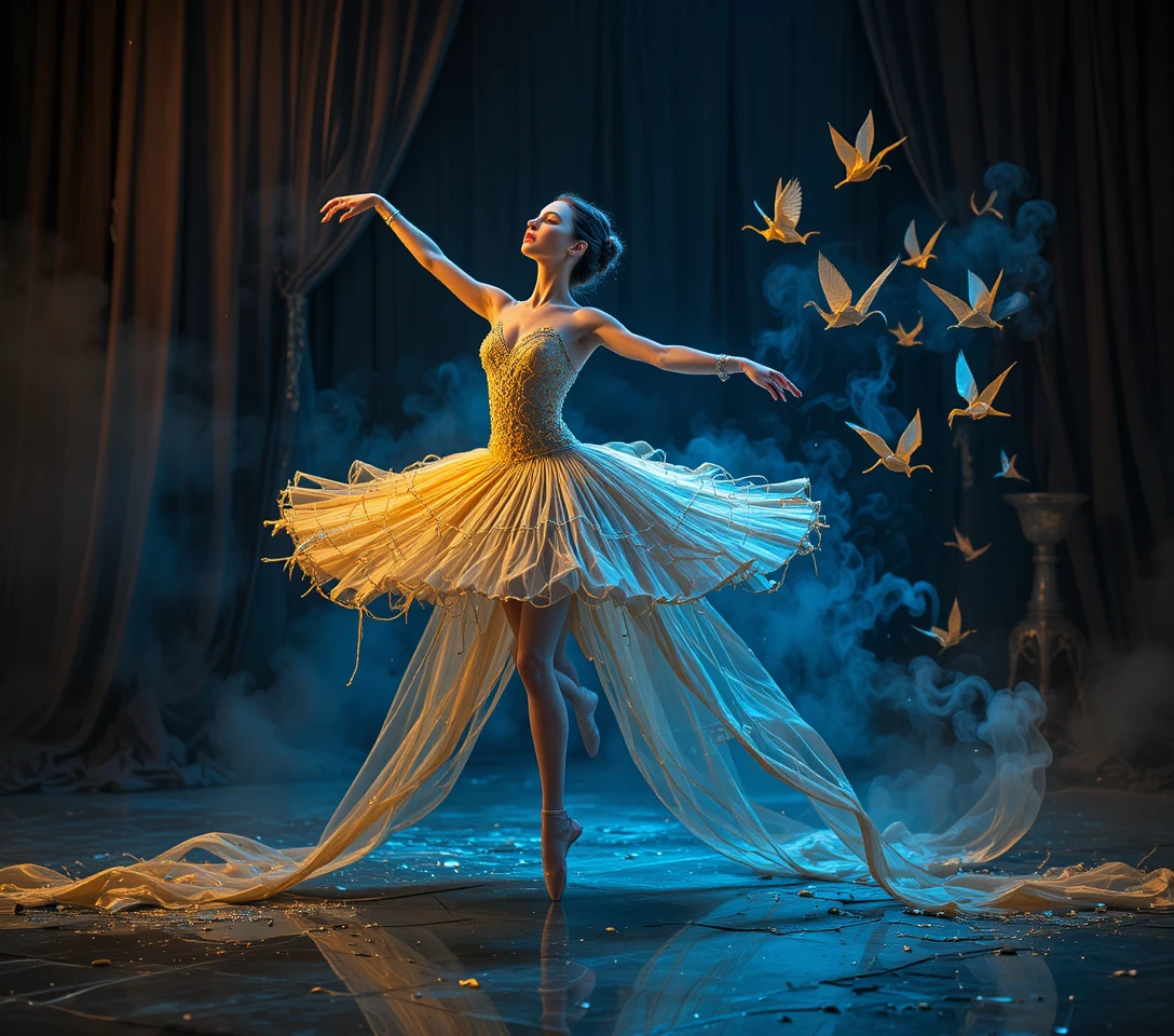 Ballerina pirouette with molten gold tutu and cranes