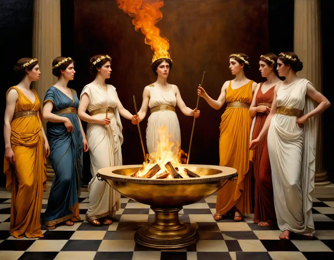 Women in Greek costumes approach a central ritual fire
