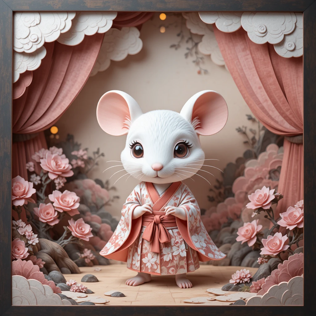 Cute chibi mouse in kimono as layered paper fantasy art