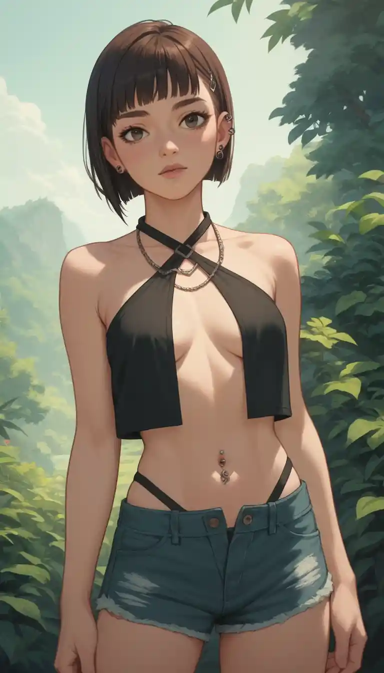 Anime girl in revealing casual outfit with piercings