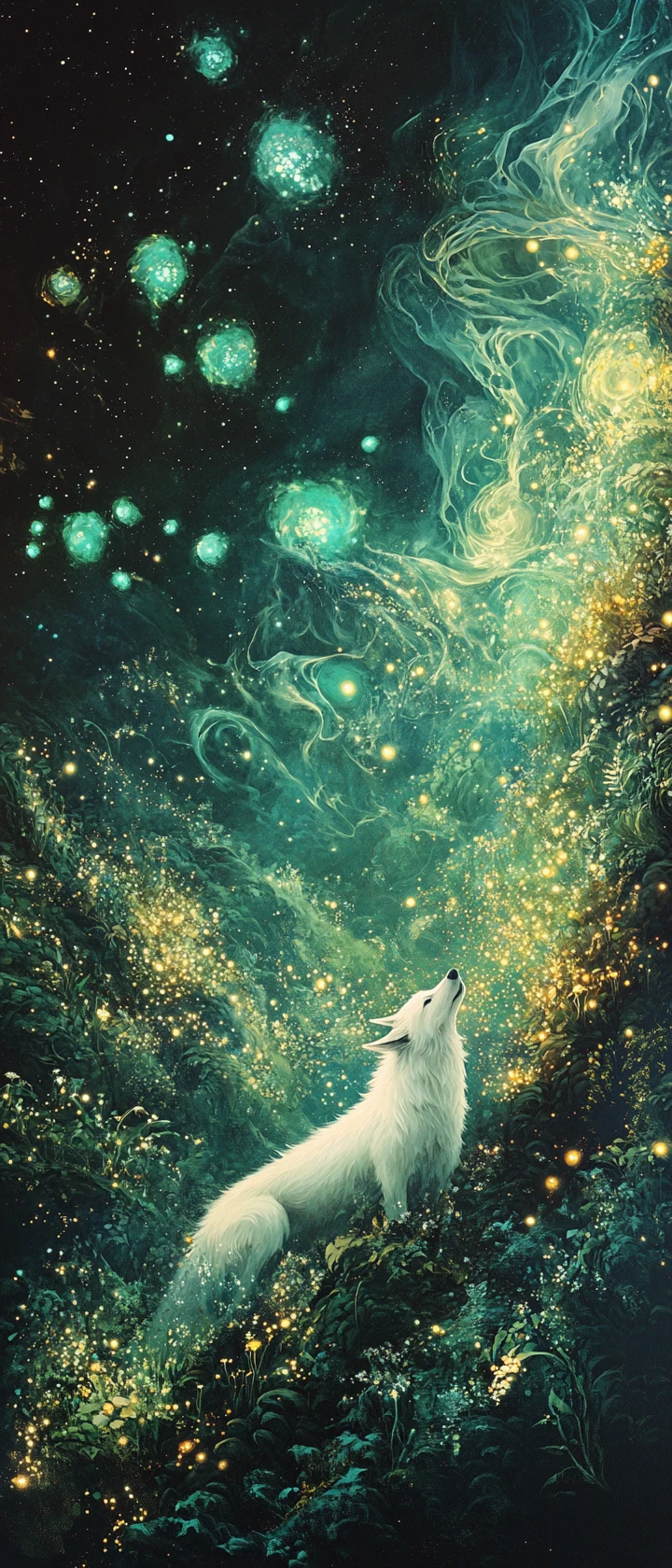 White wolf in a glowing bioluminescent fantasy valley