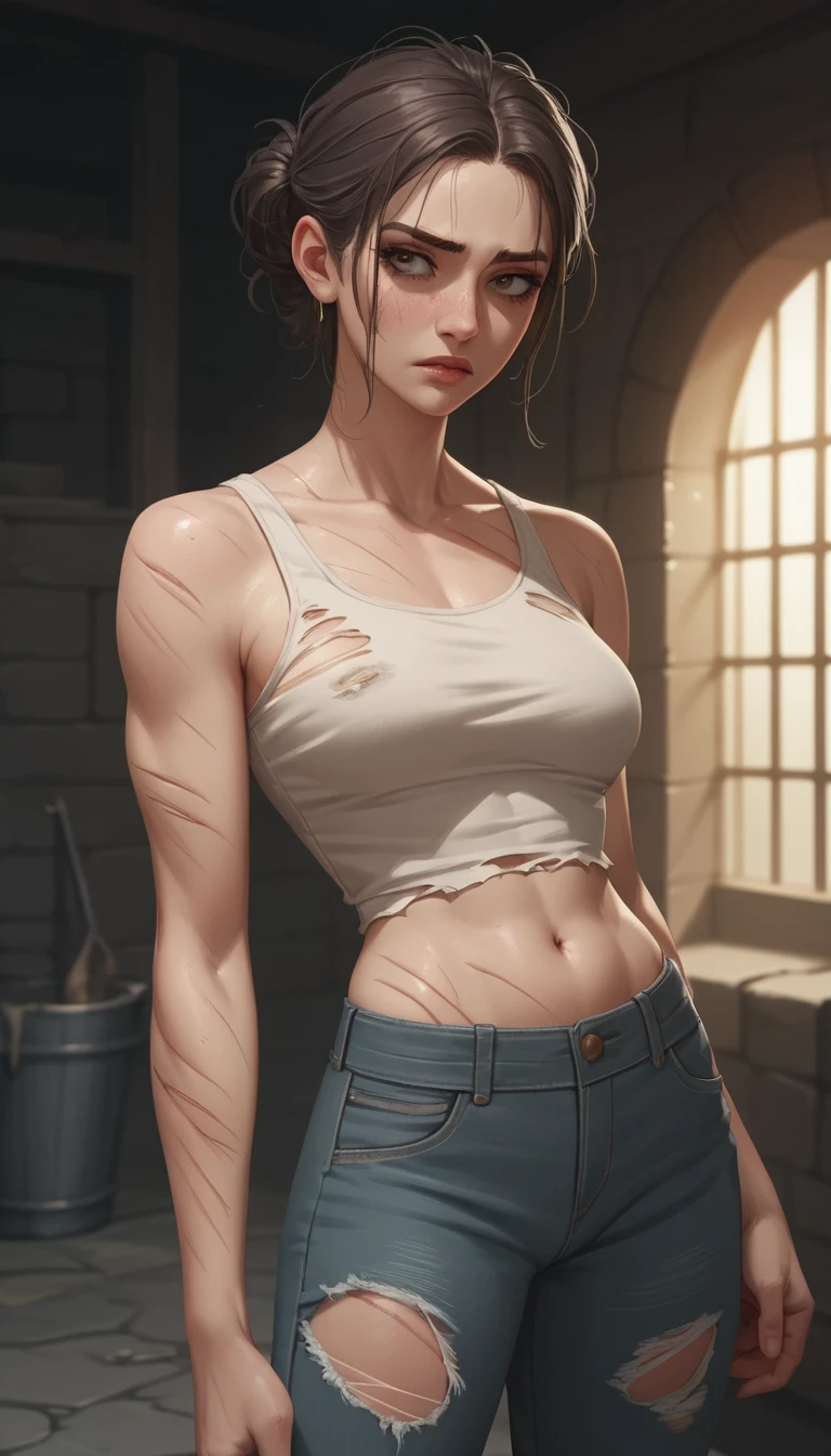 Scarred woman in torn clothes standing in a dark dungeon