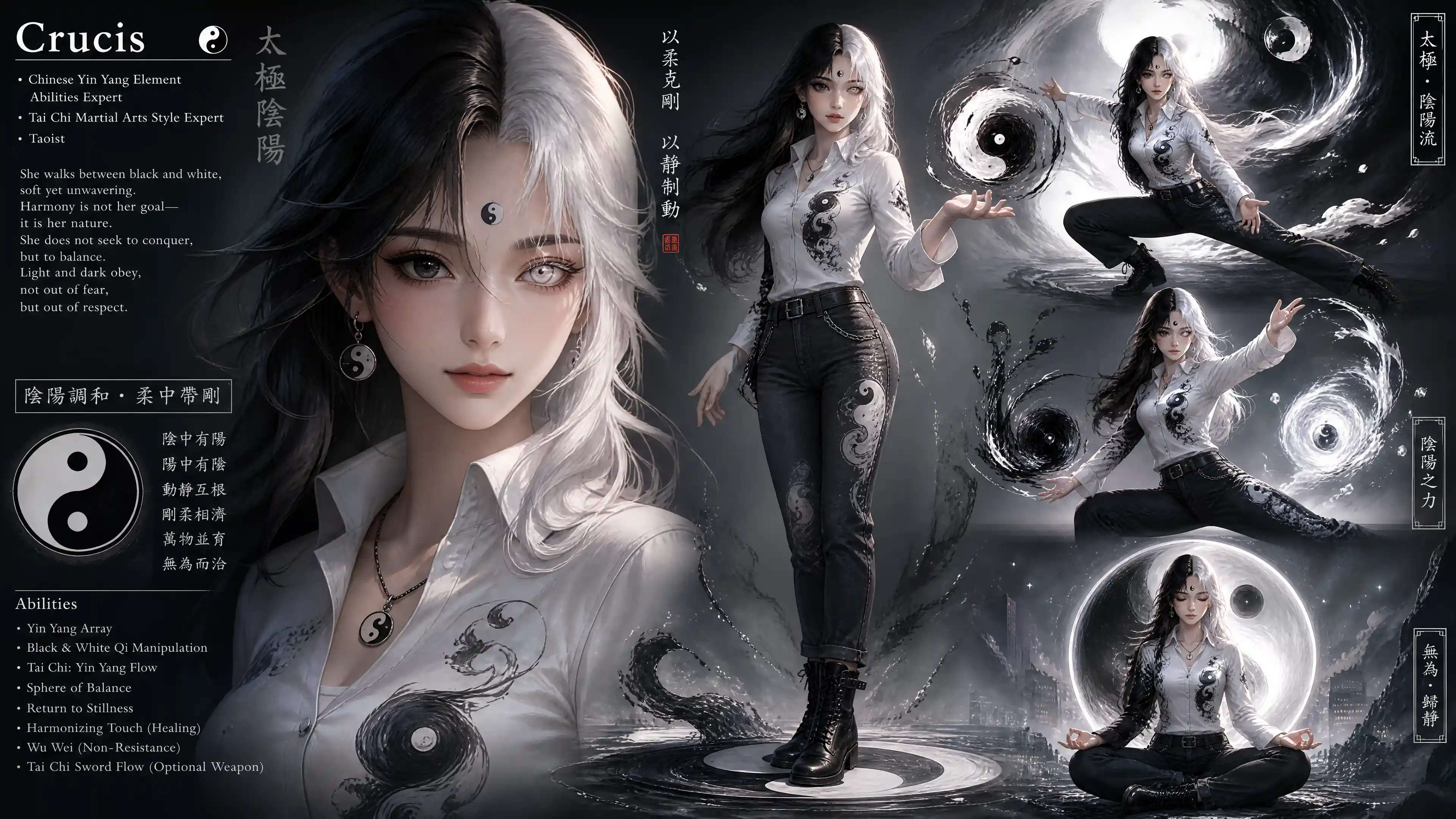 Fantasy woman with yin yang hair and calm presence