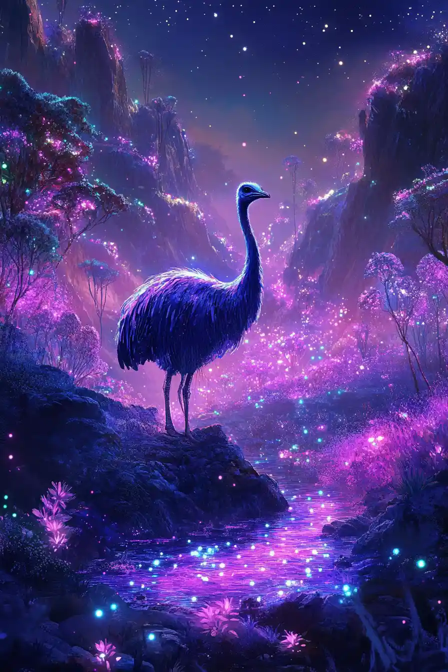 Ostrich In A Bioluminescent Valley Of Glowing Hills