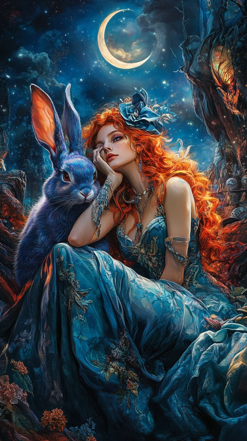 Mystical Red Haired Woman Resting Beside A Purple Rabbit
