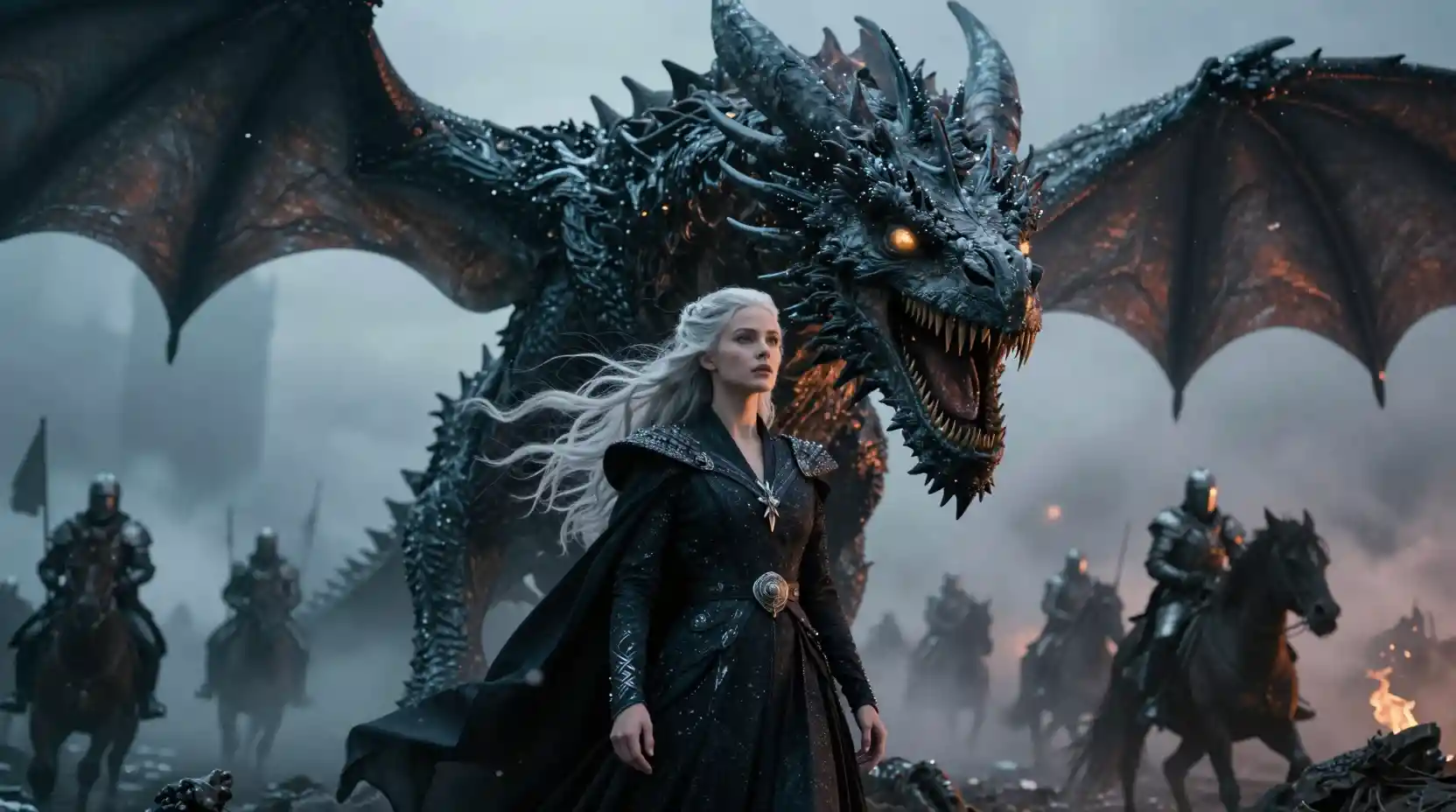Silver haired queen facing a colossal black dragon