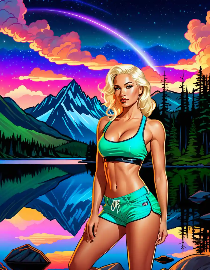 Blonde pin up girl by a twilight mountain lake