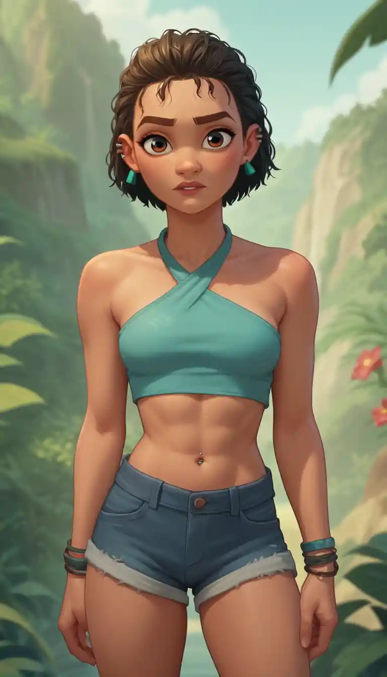 Confident anime woman in casual revealing summer outfit