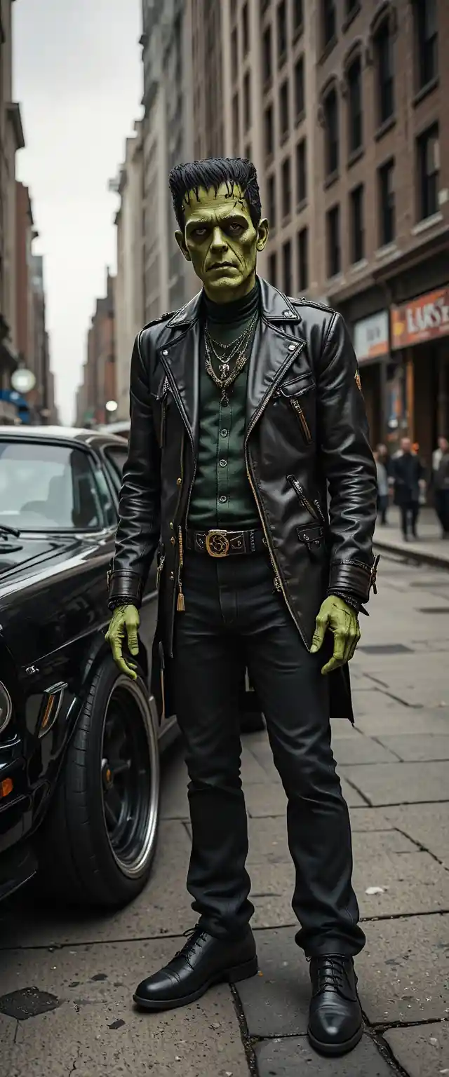Frankenstein styled as a West Coast rapper in the city