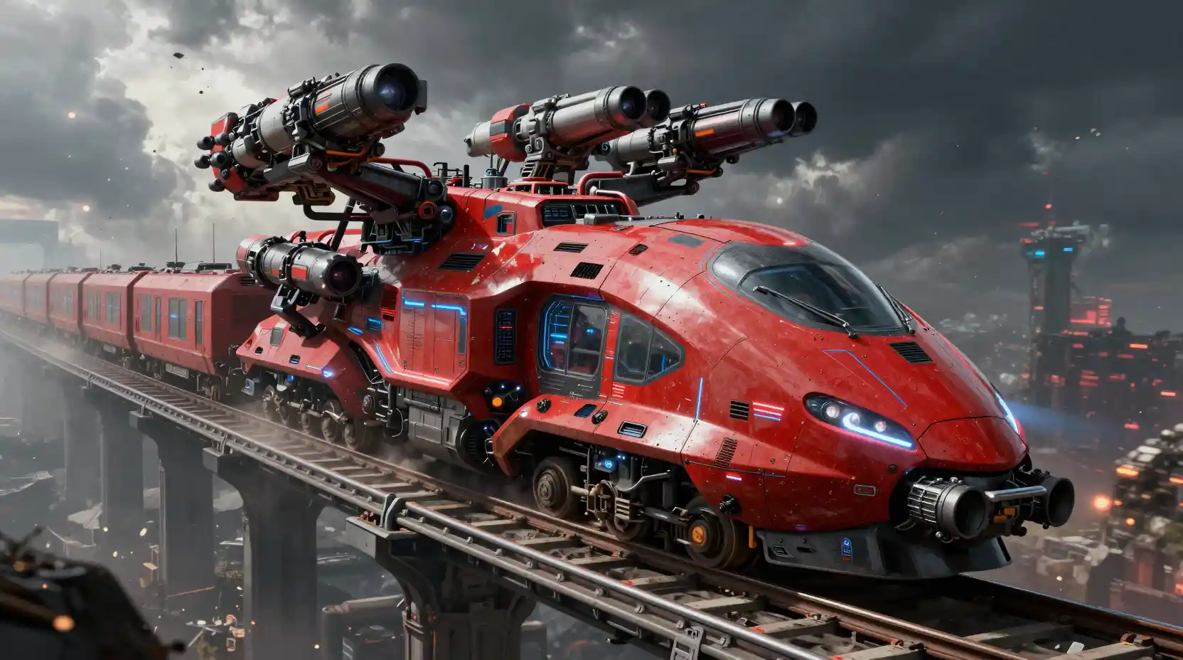 Futuristic armored war train on elevated sky rail