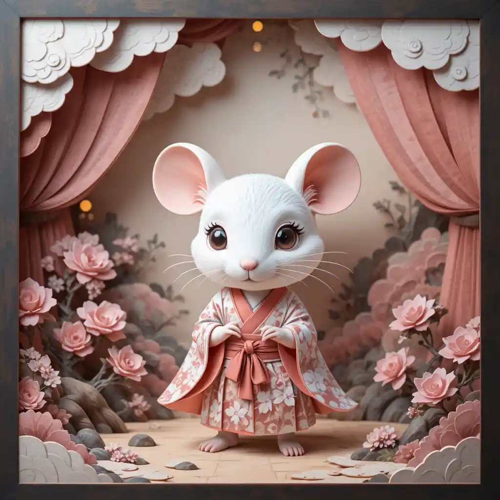 Cute chibi mouse in kimono as layered paper fantasy art