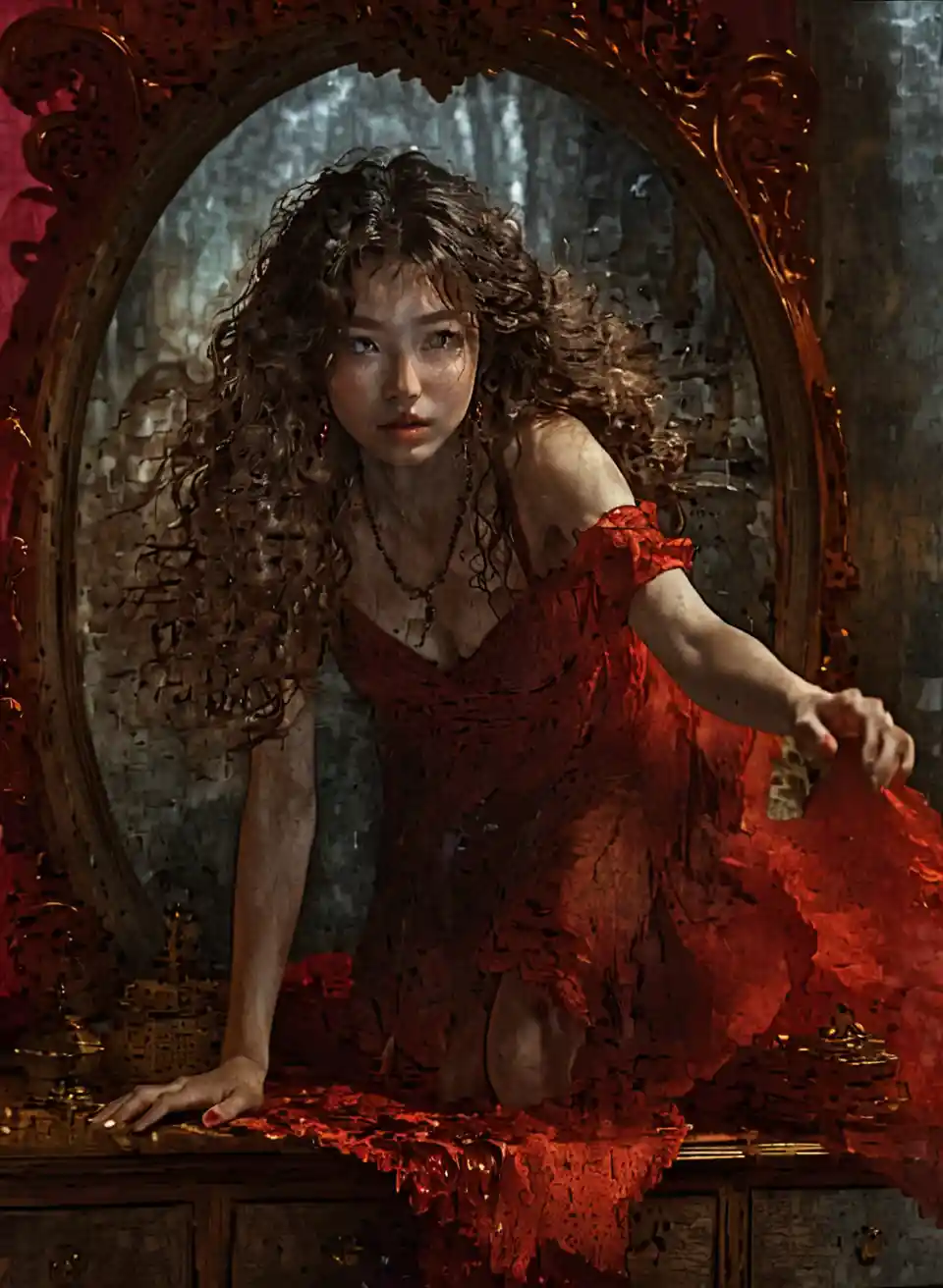 Woman In Red Dress Emerging From A Mirror
