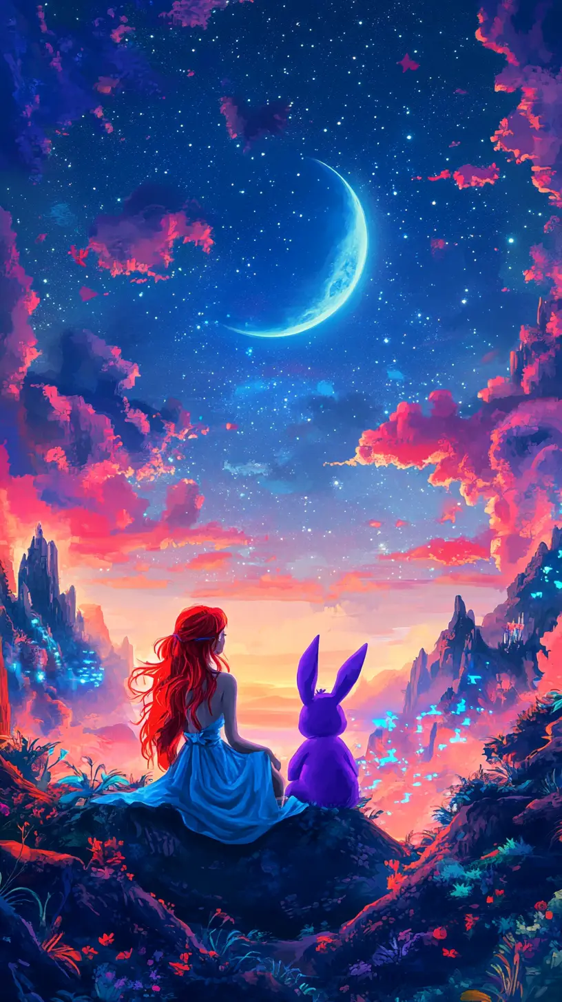 Whimsical woman and purple rabbit under a dreamy night sky