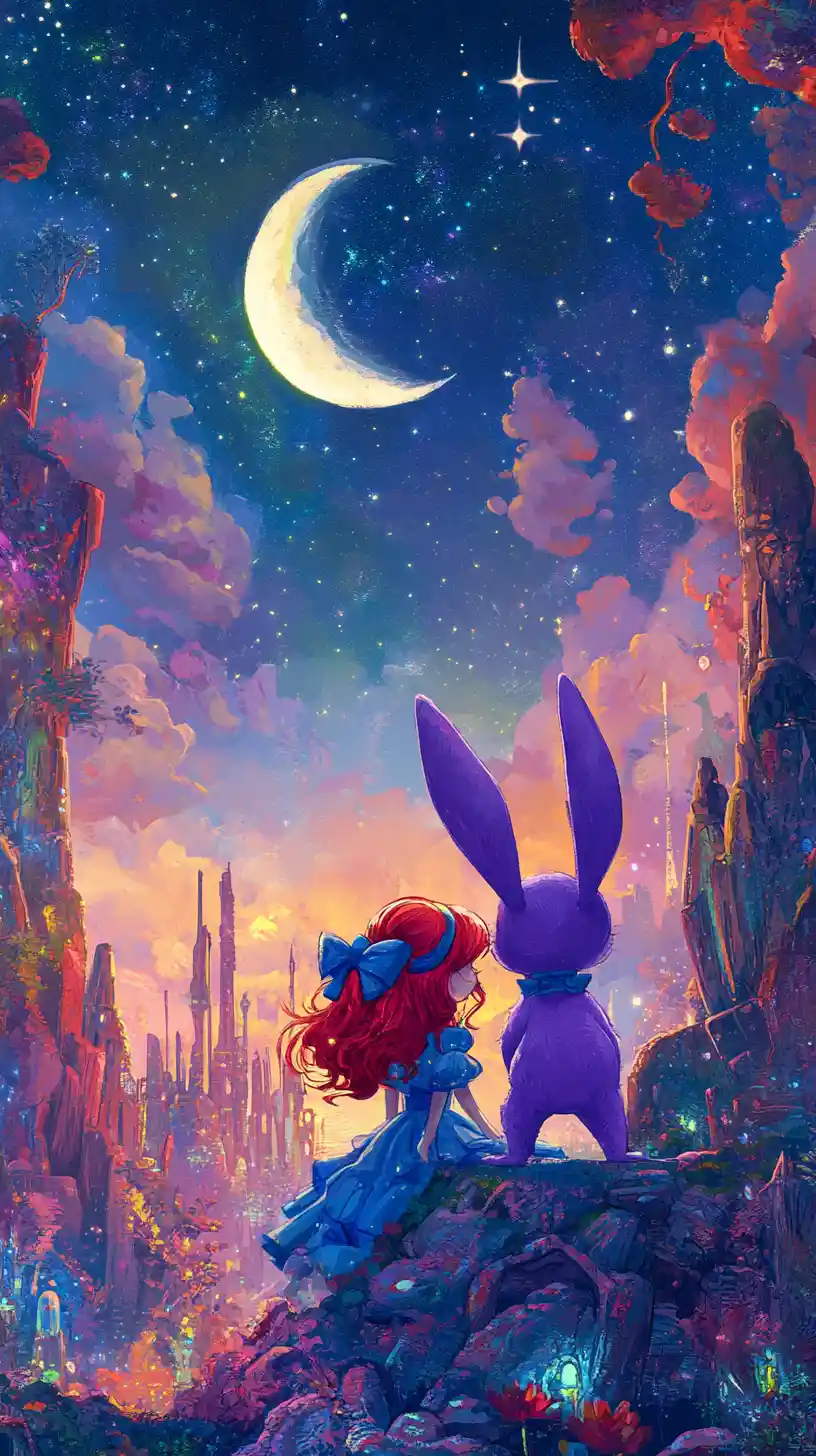 Whimsical woman and purple rabbit in a dreamy sky