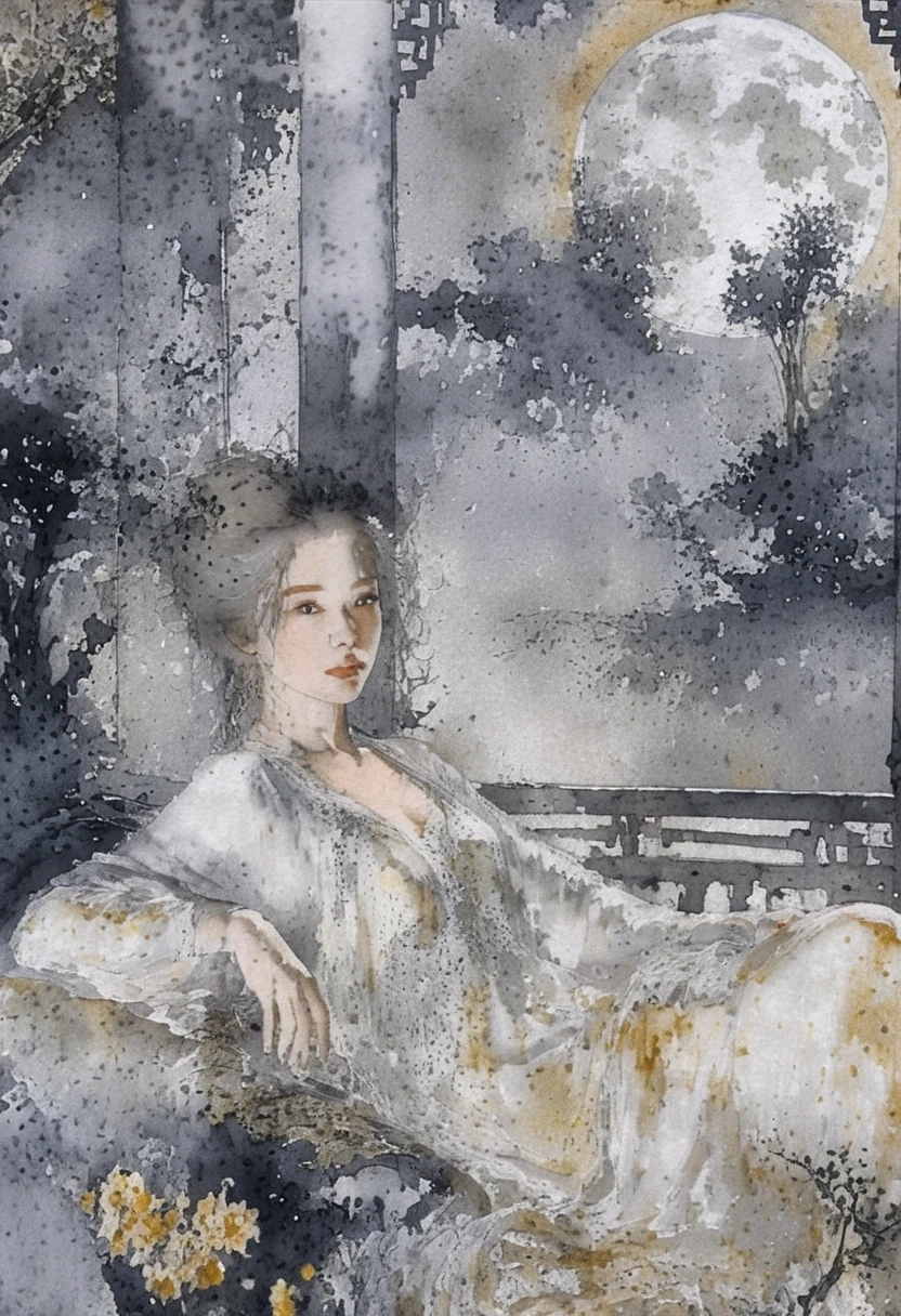 Ethereal woman in white dress resting in a moonlit gazebo