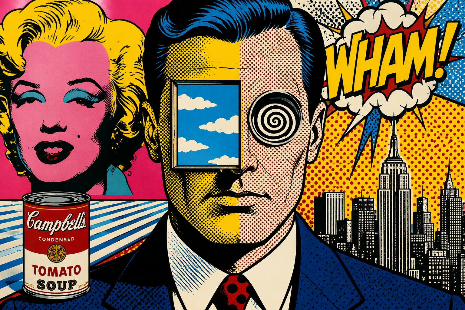 Surreal pop art portrait of a man with bold comic colors
