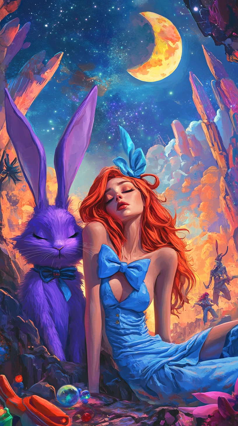 Girl With Red Hair And Purple Rabbit In Starry Sky