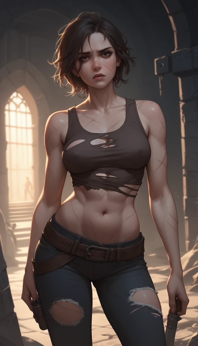 Scarred woman in torn clothes standing in dark dungeon