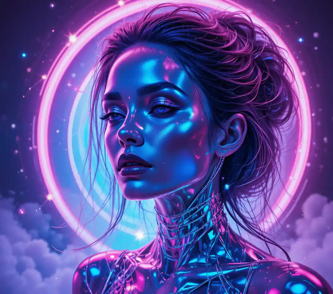 Surreal cyberpunk muse with holographic skin and neon aura