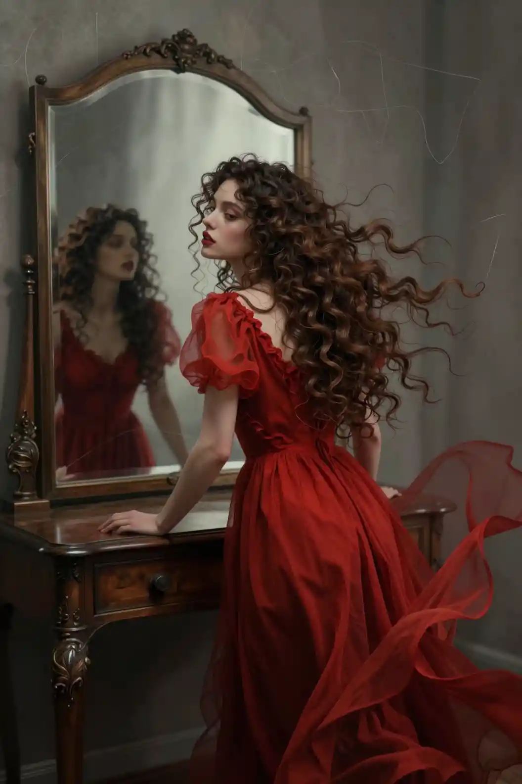 Femme en robe rouge sortant d’un miroir dans un espace abstrait