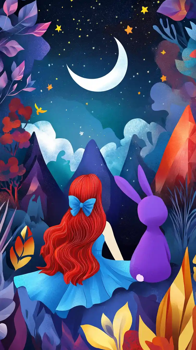 Whimsical girl and purple rabbit in a dreamy sky