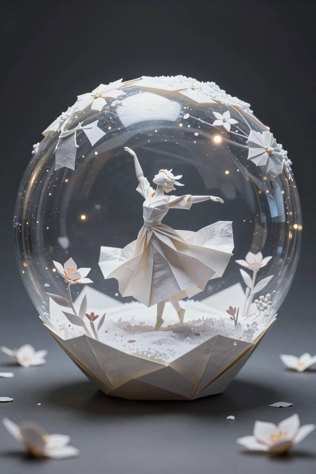Origami paper scene inside a glass sphere on snow