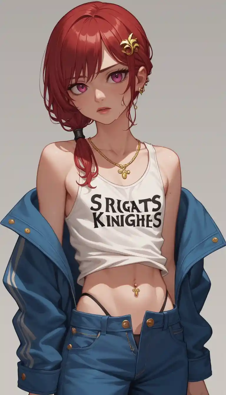 Young anime girl knight in revealing casual outfit