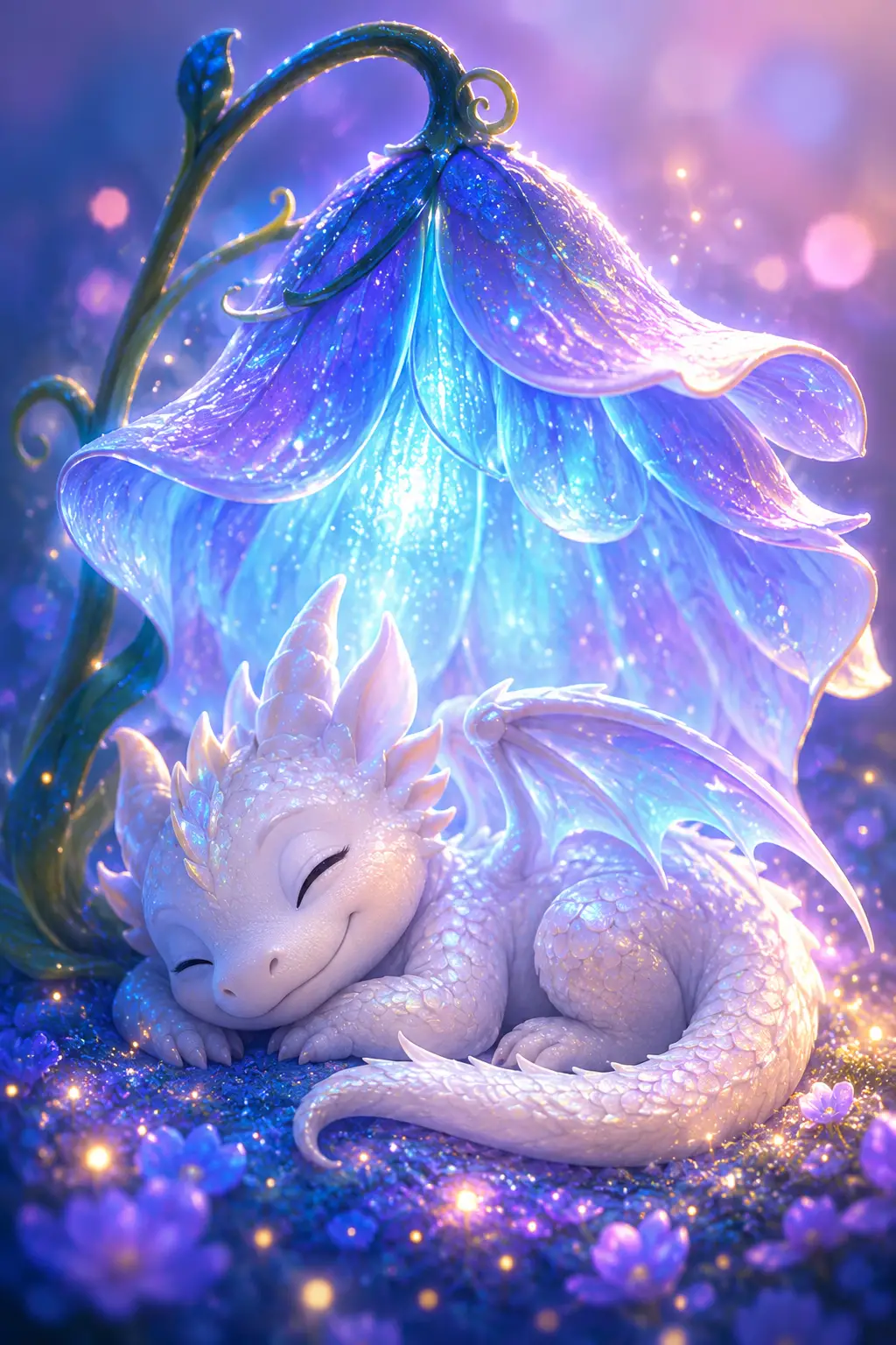 Cute baby dragon sleeping under glowing blue flower