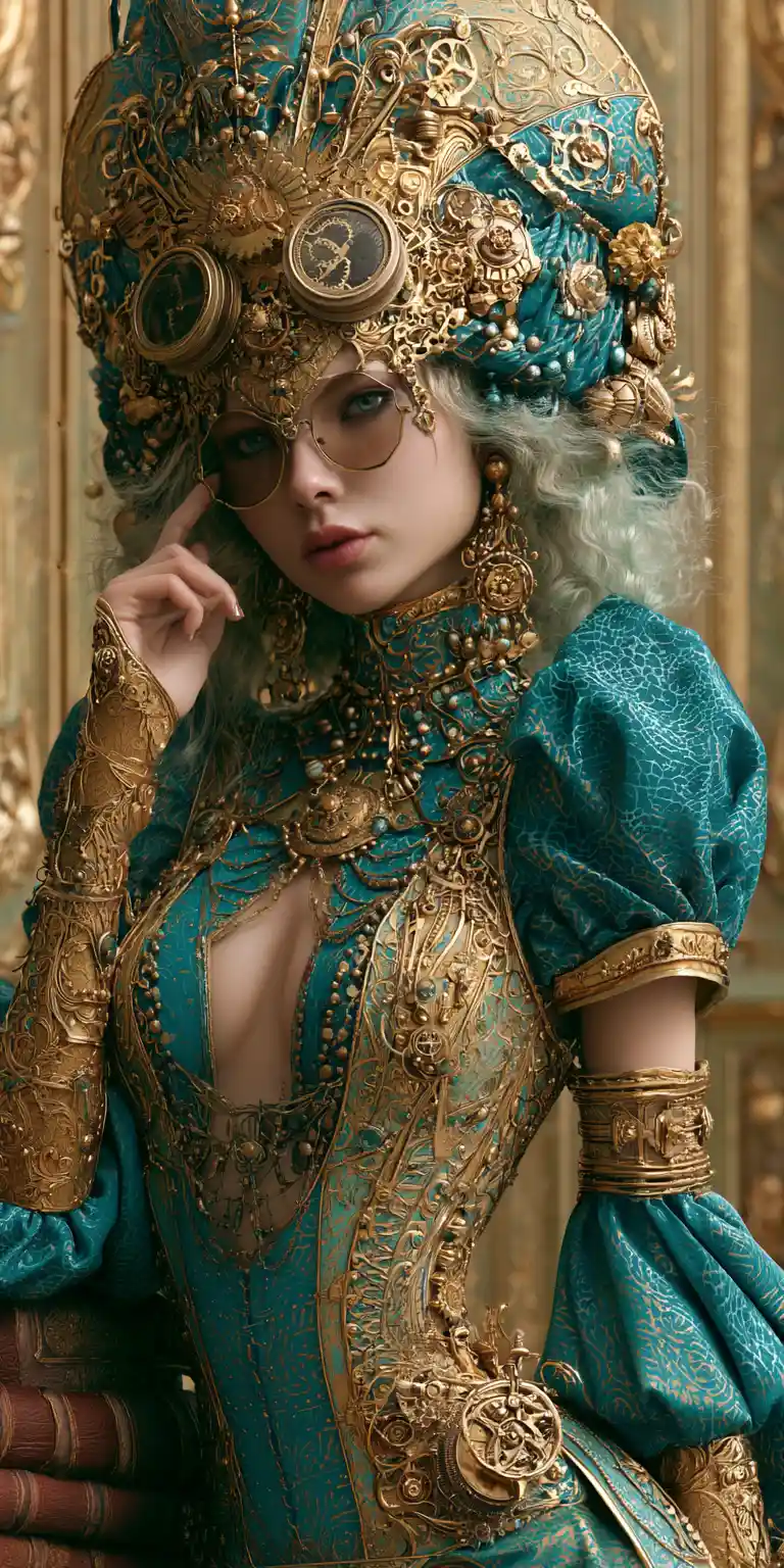 Steampunk woman in a dark fantastical clockwork world