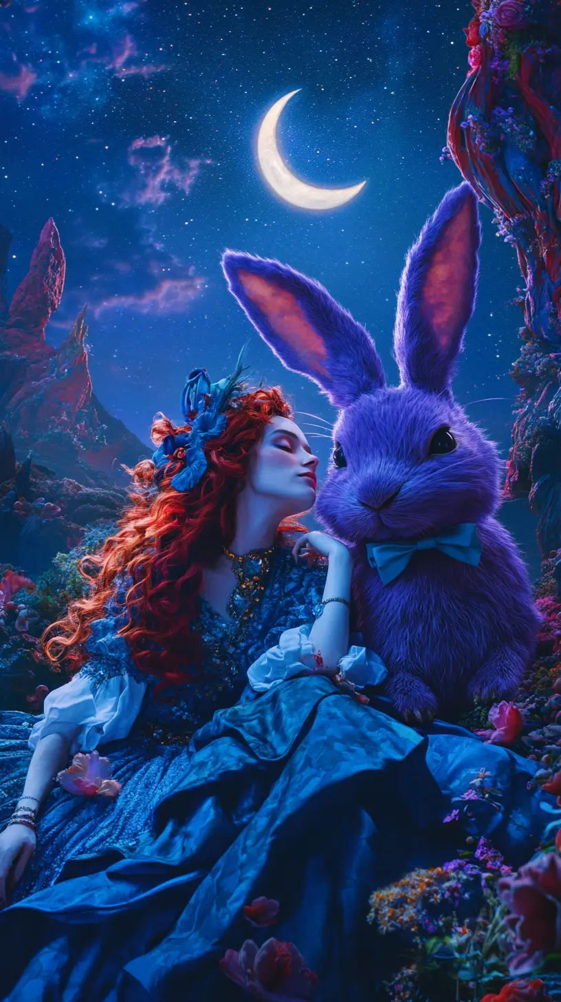 Mystical woman resting beside a regal purple rabbit