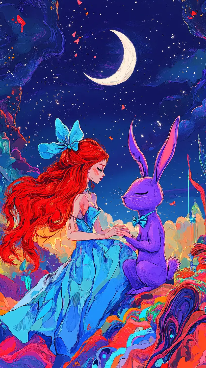 Whimsical woman and purple rabbit in dreamy night sky