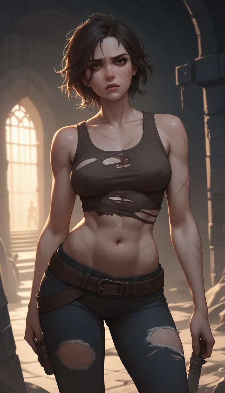 Scarred woman in torn clothes standing in dark dungeon