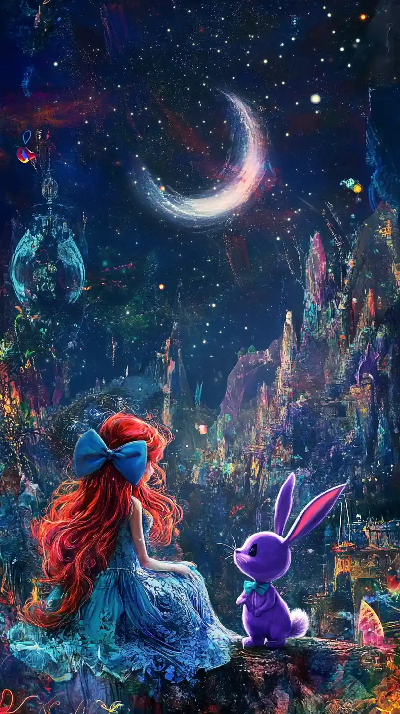 Fantasy girl and purple rabbit in dreamy starry sky