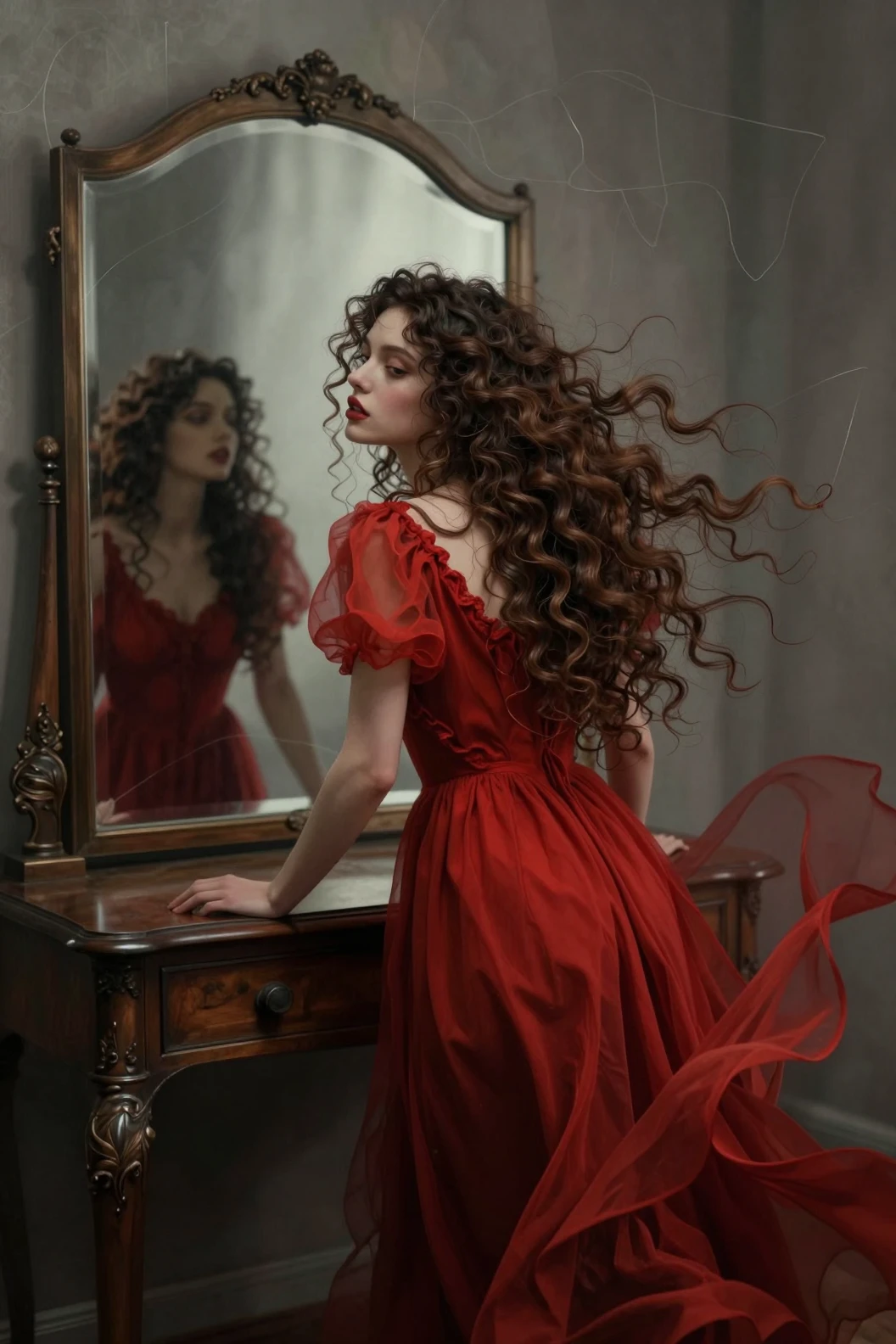 Femme en robe rouge sortant d’un miroir dans un espace abstrait