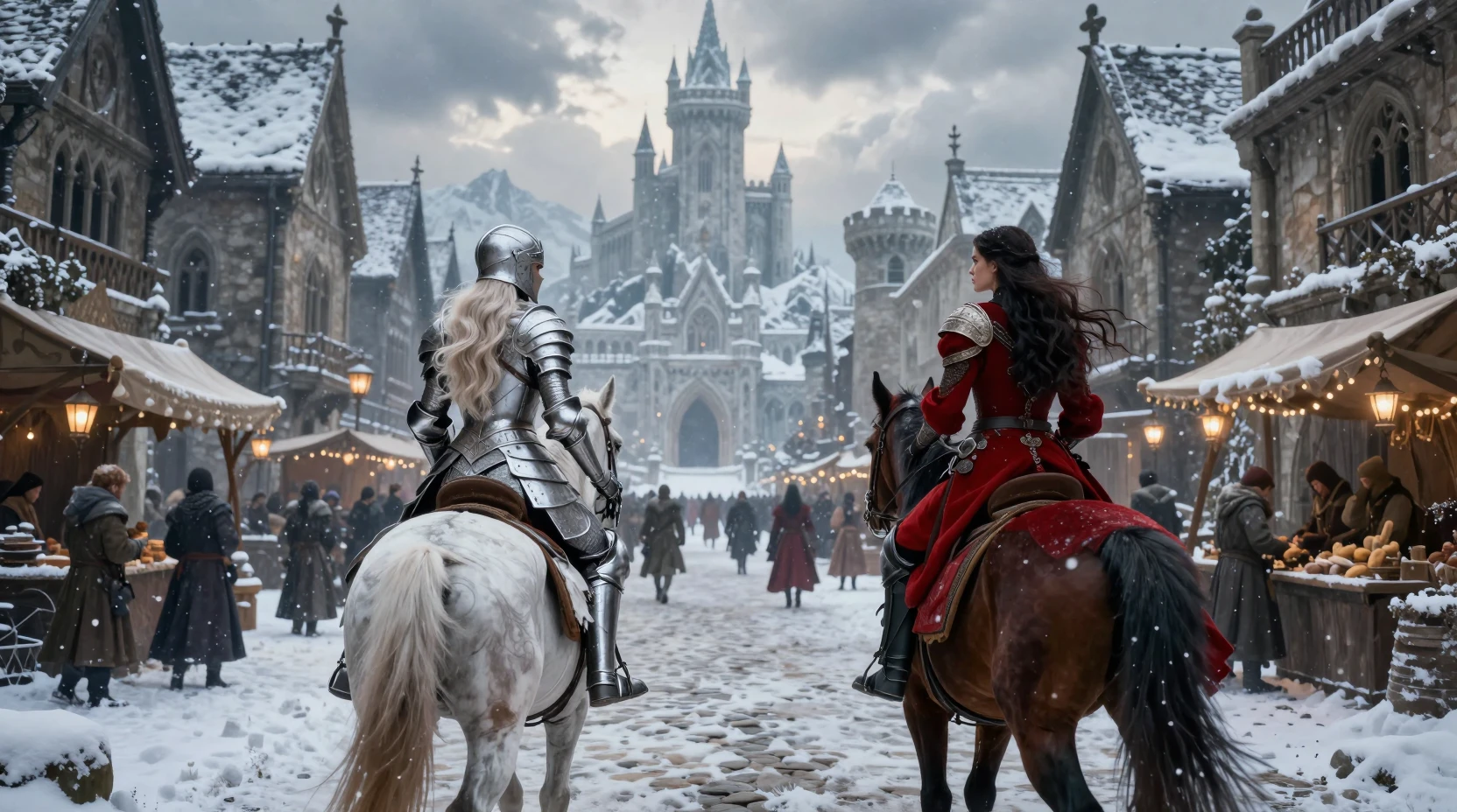 Two warrior women ride through a snowy medieval city