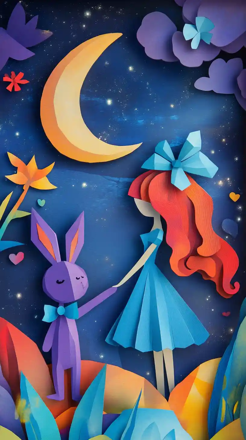 Whimsical red haired woman with rabbit under a dreamy sky