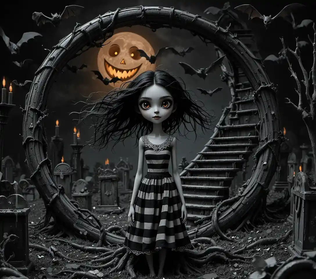 Ragazza gotica in un cimitero a mezzaluna di notte